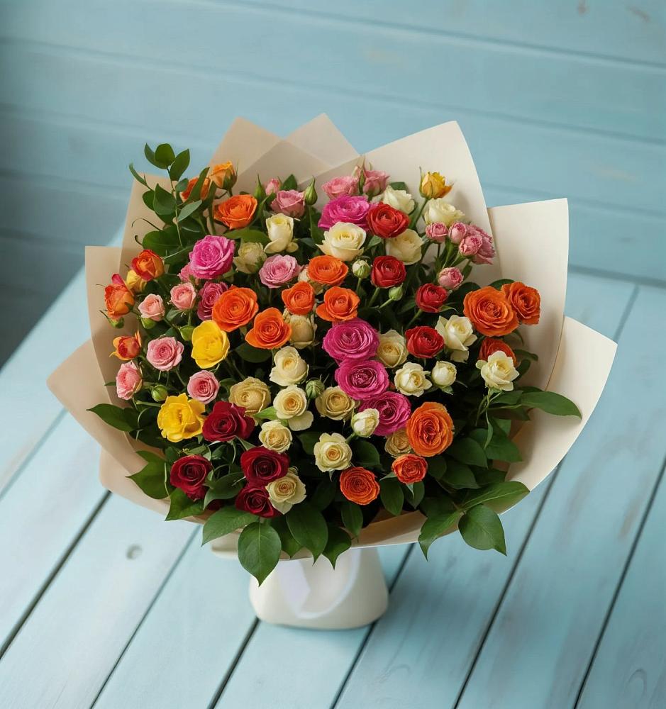 Букет Микс из разноцветных кустовых роз в Малой Вишере