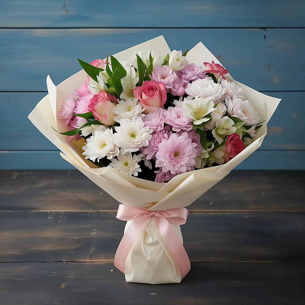 Букет цветов из: Хризантемы, Альстромерии и Розы в Малой Вишере